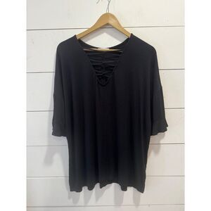 Chicsoul Strappy V-Neck Black Flutter Sleeve Casual Tee 3X